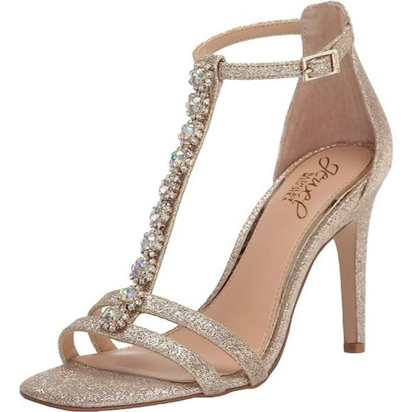 Jewel Badgley Mischka Farida Heel Womens 5 Crystal T-Strap Sandal Gold Metallic - Picture 9 of 10